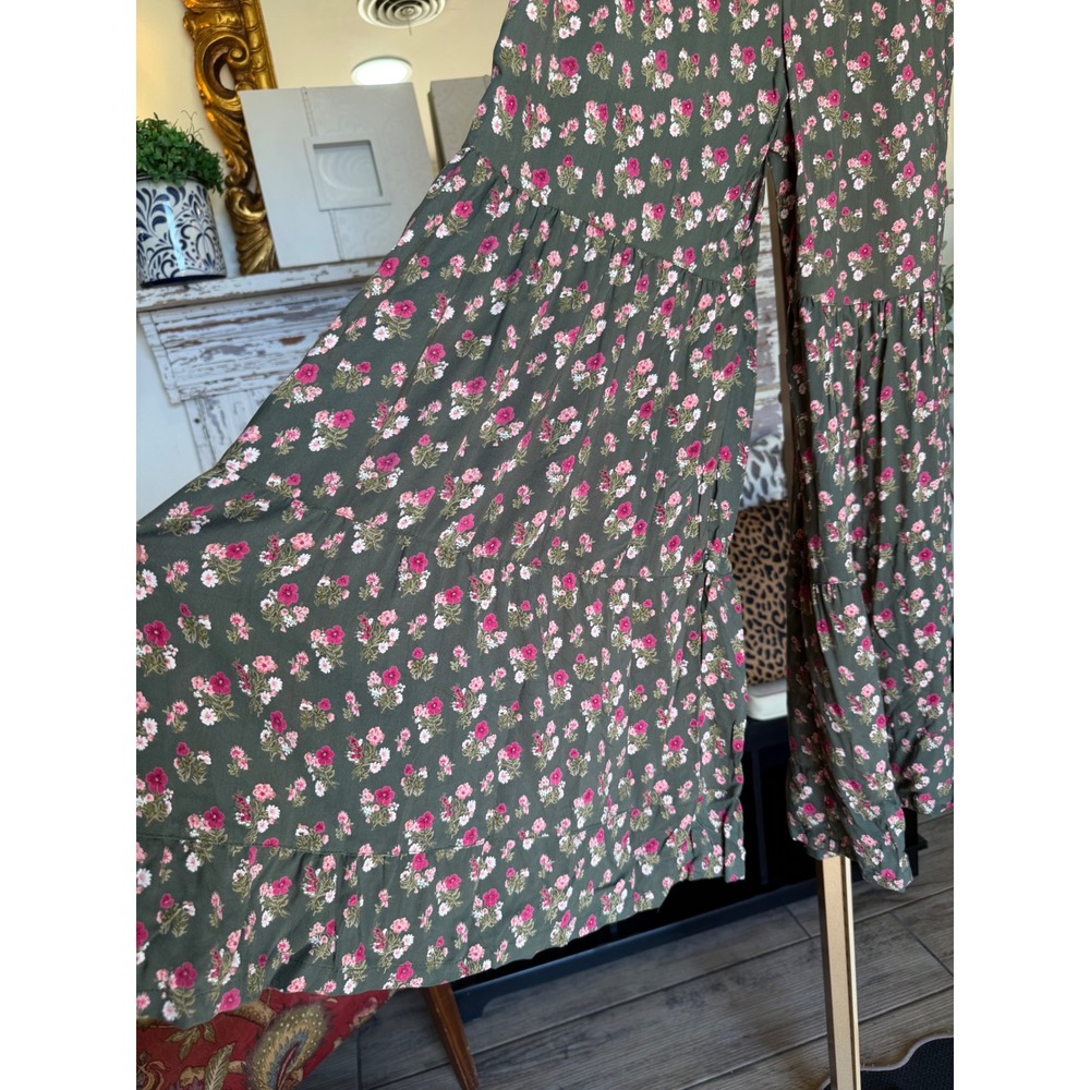 Angie Floral Wide Leg Pants Small Olive Green Pink Tiered Ruffle Boho Rayon - Picture 3 of 7